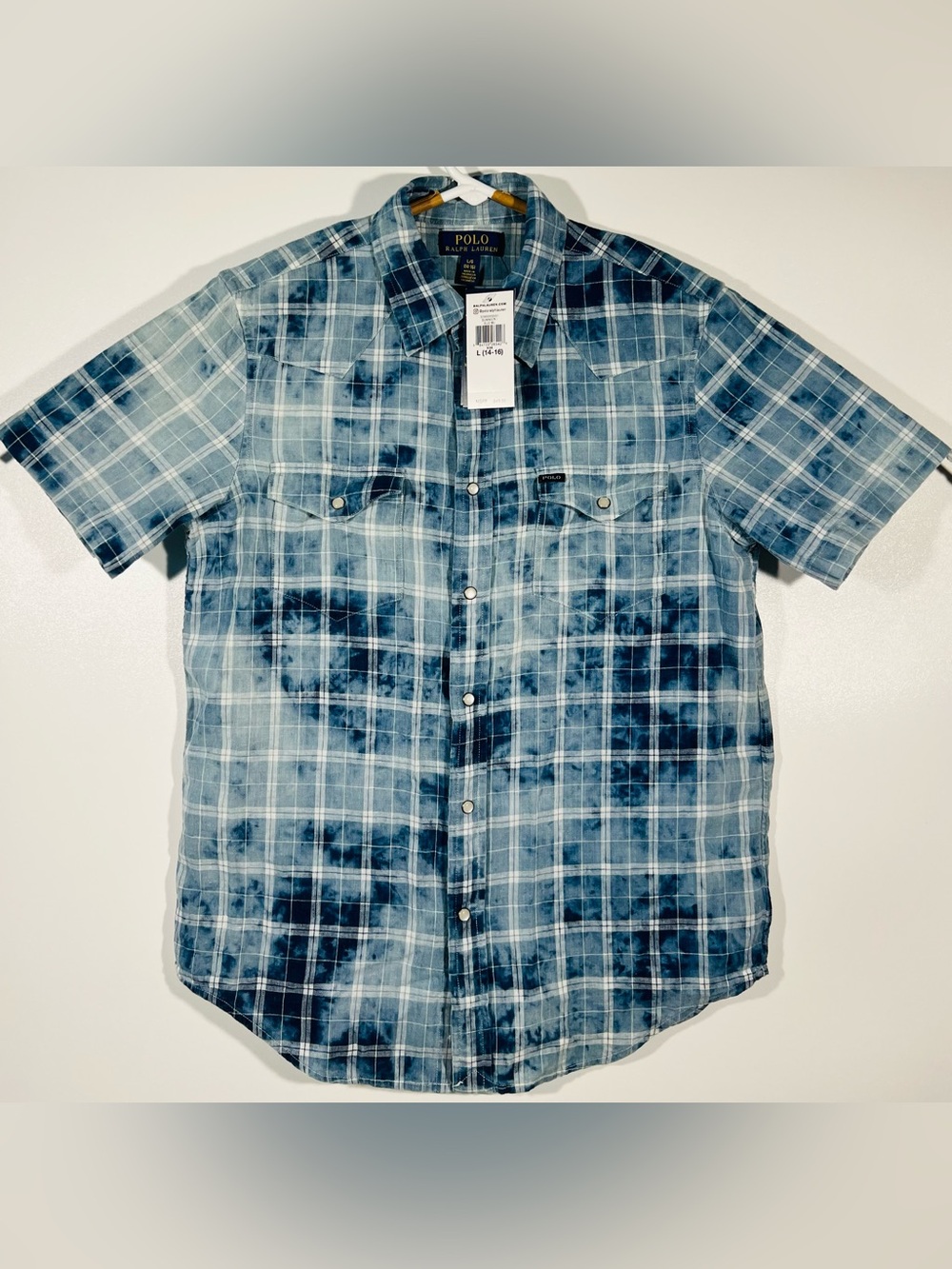 Polo Ralph Lauren boys plaid Linen Blend Western Pearl Snap Shirt Size L 14-16